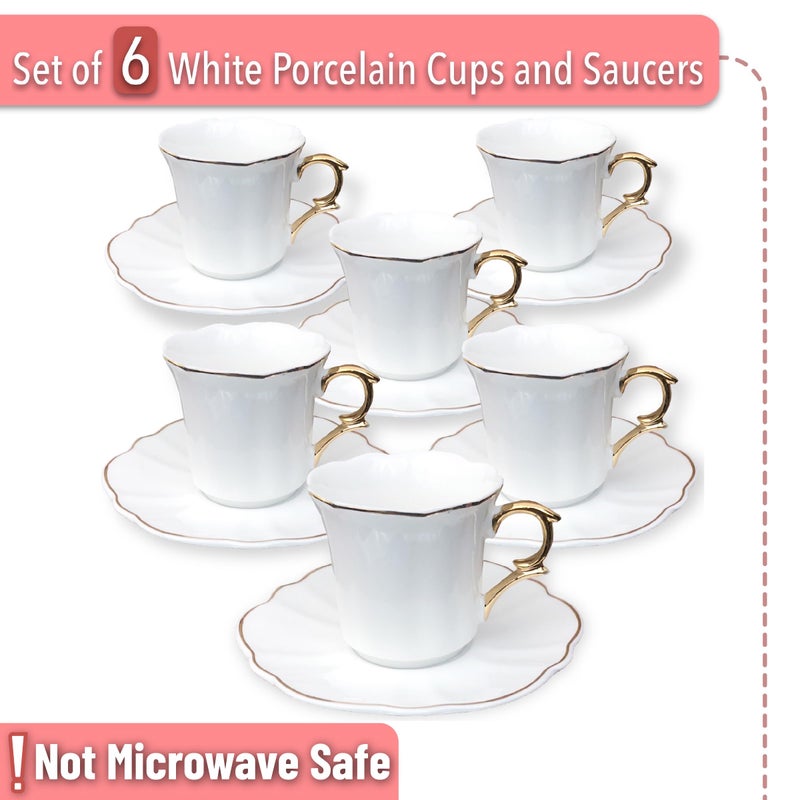 Brew To A Tea White Espresso Cups with Saucers, Set of 6 (3 oz), Porcelain Turkish Coffee Cup Set with Gold Trim Design & Gift Box, Dishwasher Safe, Christmas Gifts - Image 2
